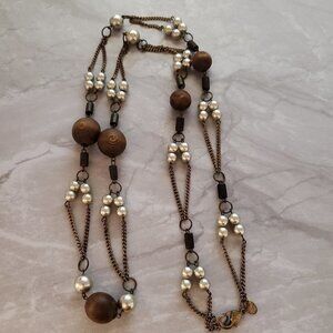 💕 Chico's Wooden Bead Beaded Pearl Station Necklace 💕